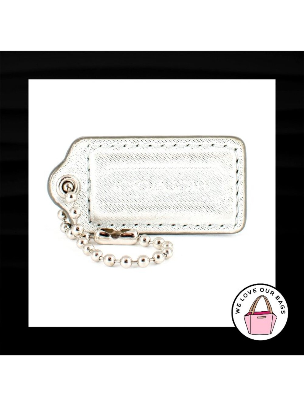 2" Med COACH Silver Shimmer LEATHER Nickel Key Fob Bag Charm Keychain Hang Tag